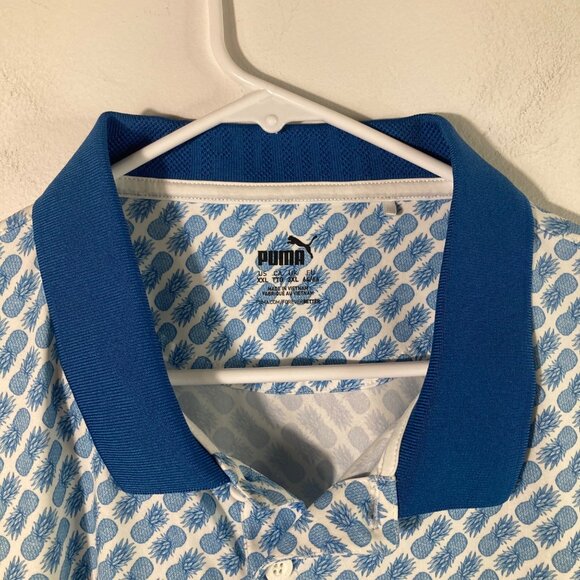 Mens Puma Golf Polo Short Sleeve Pineapple Graphic 2XL Blue White Polyester Elas - Picture 3 of 7